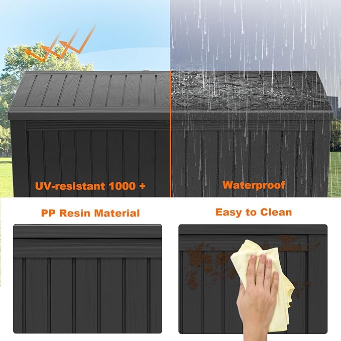 200 Gallon Resin Deck Box, Lockable Patio Outdoor Storage Box for Furniture, Garden Tools and Tools Storage, Waterproof Outside Storage Boxes - Black