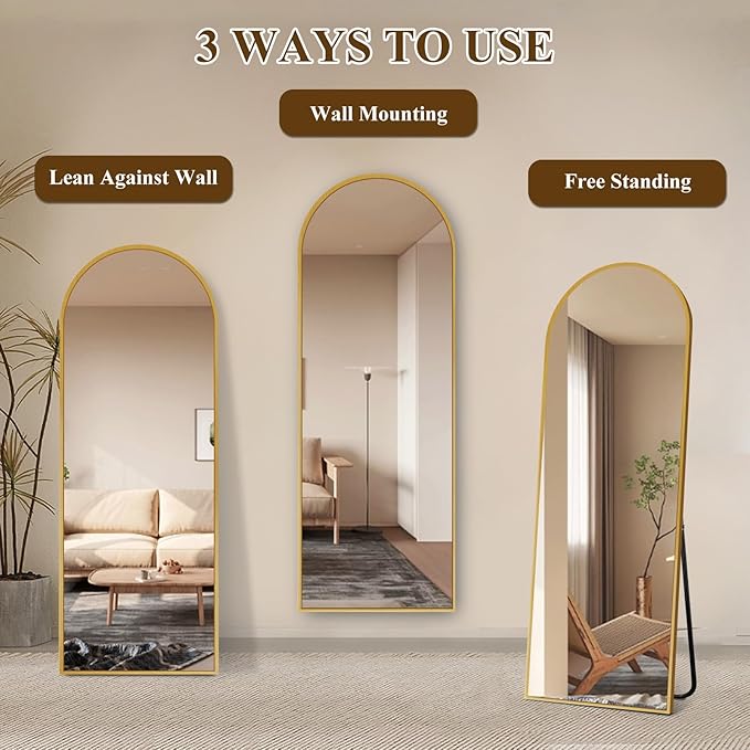 57"x20" Full Length Mirror with Stand, Shatterproof Arched Floor Mirror, Aluminum Alloy Thin Frame - Freestanding/Leaning/Wall Mount for Bedroom, Living Room & Entryway (Gold)