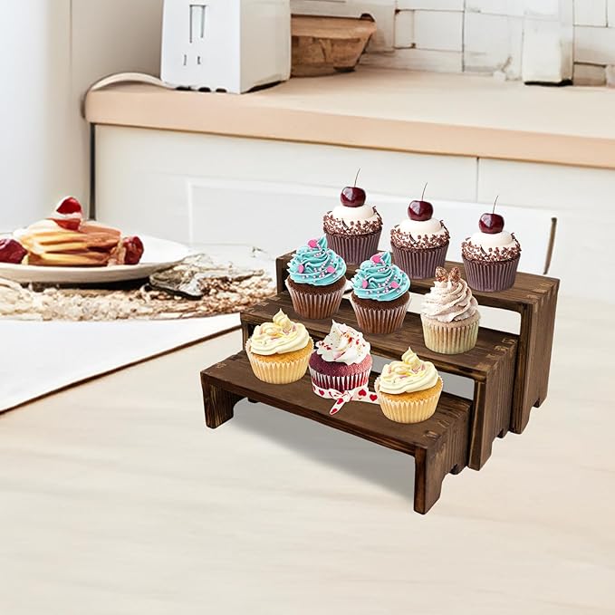Display Riser Wood Risers Cupcake Stand 3 Tier Racks Decorative Rectangular, 2 Set 6 Piece Cologne Perfume Organizer Dessert Stands for Vendors Event