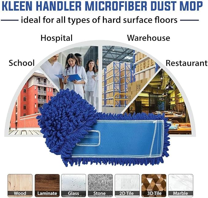 KLEEN HANDLER 18 Inch Microfiber Dust Mop, Large Washable Commercial Mop Head Replacement, Sweeper, Janitorial Supplies, Blue