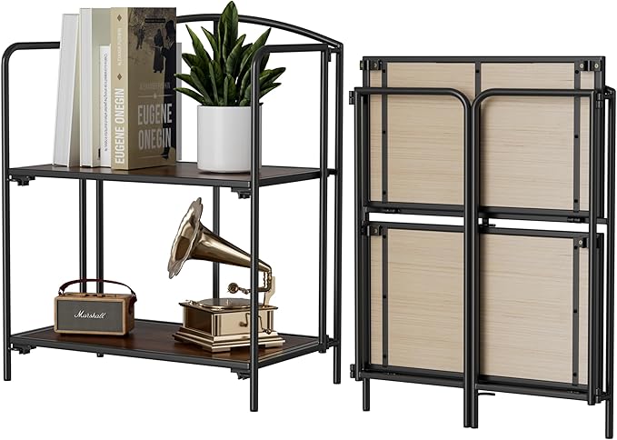 Crofy No Assembly Folding Bookshelf for Living Room, 2 Tier Black Collapsible Book Shelf for Home Office, Portable Bookcase Storage Organizer