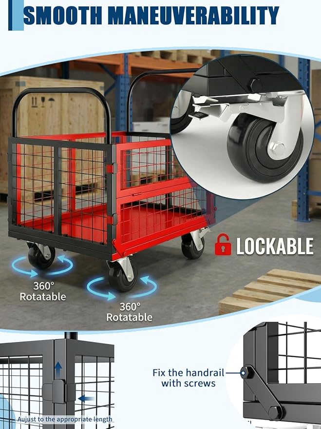 Platform Truck Cart with Cage, 6-in-1 Multi-Purpose Flatbed Cart, Foldable Hand Truck Load 1800LBS with 4 Wheels Push Dolly for Grocery, Laundry, Garage, Warehouse (Red+Black)