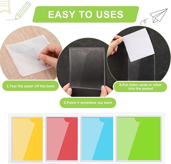 Chinco 50 Pack Clear Adhesive Pockets, Labels for Storage Bins, Plastic Self Adhesive Index Card Holder with Top Open for Organizing Bins Box Drawer(4.1 x 4.1 Inches)