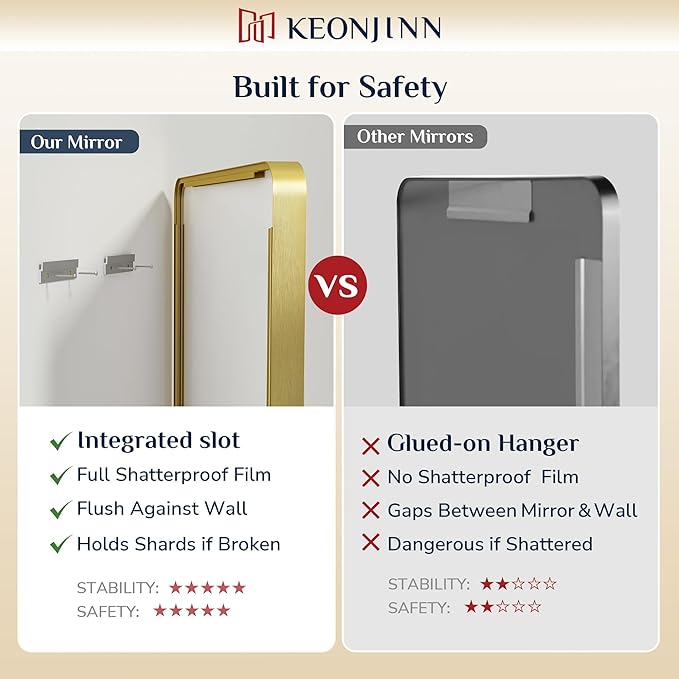 Keonjinn Gold Bathroom Mirrors for Over Sink, 22” x 30” Rounded Rectangle Brushed Gold Vanity Mirror, Anti-Rust Brass Mirror with HD Tempered Glass, Decorative Farmhouse Mirrors, Horizontal/Vertical
