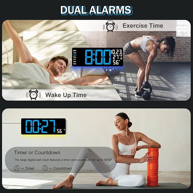 JoFomp 17.3" Large Digital Wall Clock, LED Digital Clock Large Display with Remote Control, Alarm Clock with Temp/DST/Dimmer/Humidity/Timer/Ambient Light - 12/24H, Alarm Wall Clock for Bedroom