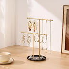 Gold Jewelry Holder Stand with Ceramic Tray: Small Hanging Necklace Organizer Tree for Earrings, Bracelets, Rings – Jewelry Display Hanger for Women & Girls, Black