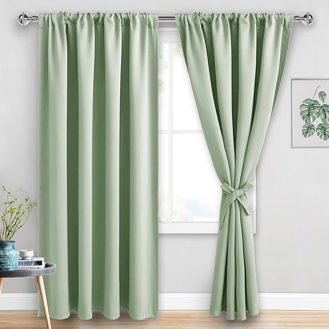 JIUZHEN Blackout Curtains for Bedroom - Thermal Insulated Room Darkening Rod Pocket Curtains for Living Room, Set of 2 Panels with Tiebacks, 60 x 96 Inch Length, Light Green