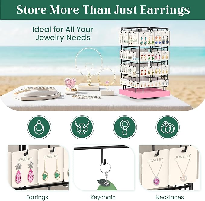 EsLuker.ly Rotating Earring Display Holder Stand for Vendors Events Selling, Large Capacity 64 Hooks Jewelry Rack with Wooden Base for Earring Card Sales, Enhances Retail Display Visibility(Pink)