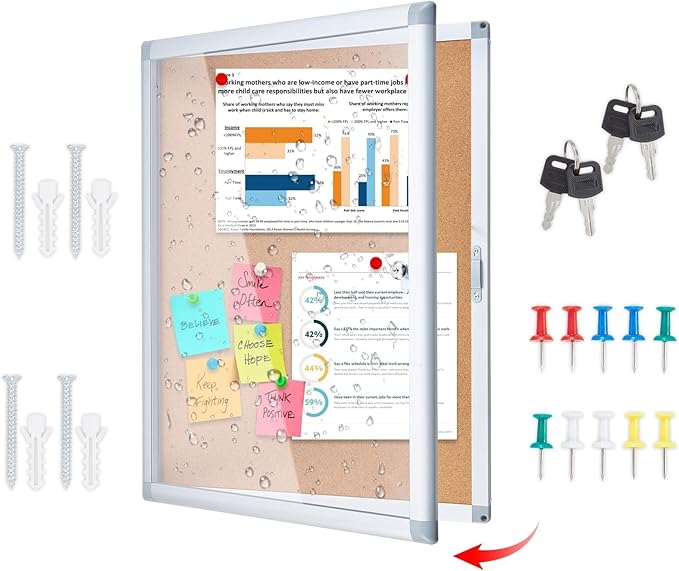 Enclosed Cork Bulletin Board Tamper-Proof Dispaly Case, Aluminium Frame, All-Weather Cork Noticeboard, Outdoor Enclosed Cork Board for School, Office, Restaurant, Hospital (20 X 26 Inches)