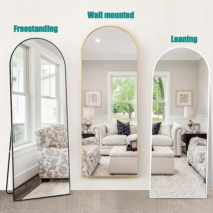 TinyTimes Arched Full Length Mirror, 58"x18" Floor Mirror with Stand, Large Full Body Mirrors, Arch Wall Mirror, Big Full Size Mirrors for Bedroom, Aluminum Frame, Gold