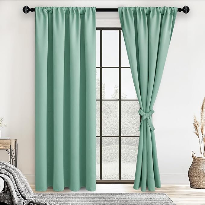 JIUZHEN Blackout Curtains for Bedroom– Thermal Insulated,Noise Reducing Room Darkening Privacy Drapes for Living Room, Set of 2 Panels with Tiebacks, 42 x 84 inch Long, Sage Green