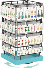 EsLuker.ly Rotating Earring Display Holder Stand for Vendors Events Selling, Large Capacity 64 Hooks Jewelry Rack with Wooden Base for Earring Card Sales, Enhances Retail Visibility (Blue)