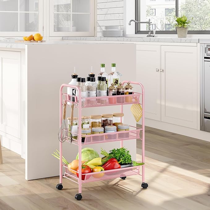 Metal Rolling Utility Cart, 3-Tier Mesh Wire Storage Trolley with Easy Assembly, Organizer Craft Cart 3 Hooks, Mobile Shelving Unit for Kitchen, Bathroom, Laundry Room, and Home