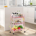 Metal Rolling Utility Cart, 3-Tier Mesh Wire Storage Trolley with Easy Assembly, Organizer Craft Cart 3 Hooks, Mobile Shelving Unit for Kitchen, Bathroom, Laundry Room, and Home