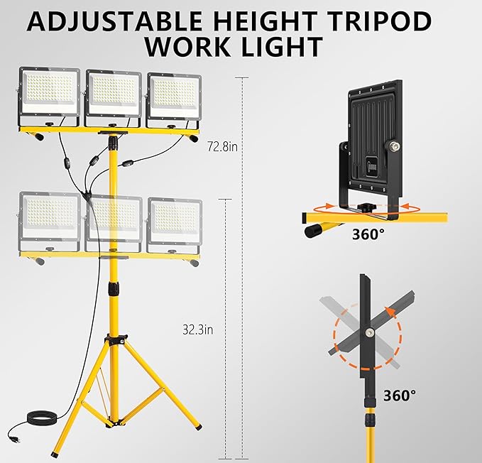 45000 Lumen LED Work Lights with Stand - 3 Head Portable Work Light with Tripod - IP65 Waterproof Tripod Work Lights for Outdoor Indoor Job Site Workshop Garage Construction Site Lighting