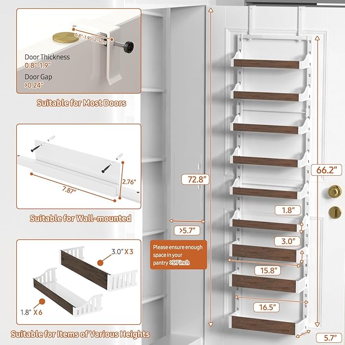Over the Door Pantry Organizer: Pantry Organization and Storage with Hanging Basket - 9-Tier Metal Spice Rack Adjustable Shelves for Kitchen Bedroom Bathroom & Laundry Room White