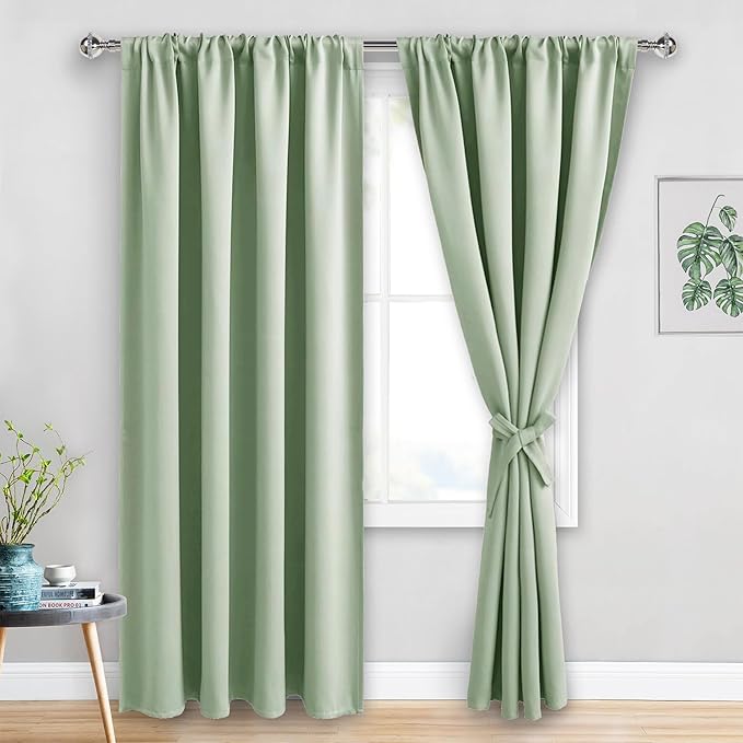 JIUZHEN Blackout Curtains for Bedroom - Thermal Insulated Room Darkening Noise Reducing, 52 x 84 Inch Length Curtains for Living Room, Set of 2 Panels with Tiebacks, Light Green
