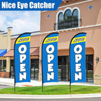 Buryeah 3 Sets Now Open Feather Flag Pole Kit for Business Advertising 7 ft Open Flag Banner Sign with Pole Kit Ground Stake and Portable Bag for Outside Ground (Blue)