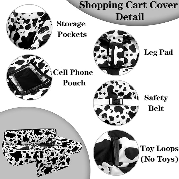 Shopping Cart Cover for Baby 2-in-1 High Chair Cover with Safety Harness Multifunctional Dark Black White Cow Pattern Cart Covers for Babies Soft Padded Grocery Cart Cover for Baby Boy Girl