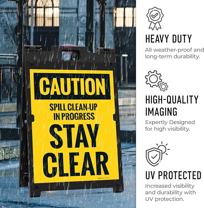 Caution Spill Cleanup in Progress Stay Clear Sidewalk Sign Kit, 18x24 Inches, with A Frame Stand, Made in USA