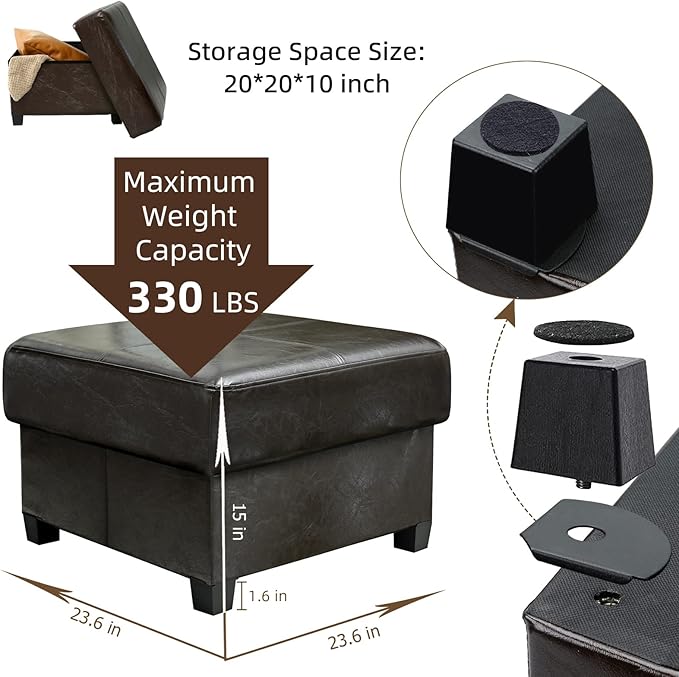 GLAXYFUR Folding Storage Bench, Cube PU Leather Footstool with Legs, Coffee Table, Ottoman with Storage for Living Room, 23.6 x 23.6 x15 Inches, Black