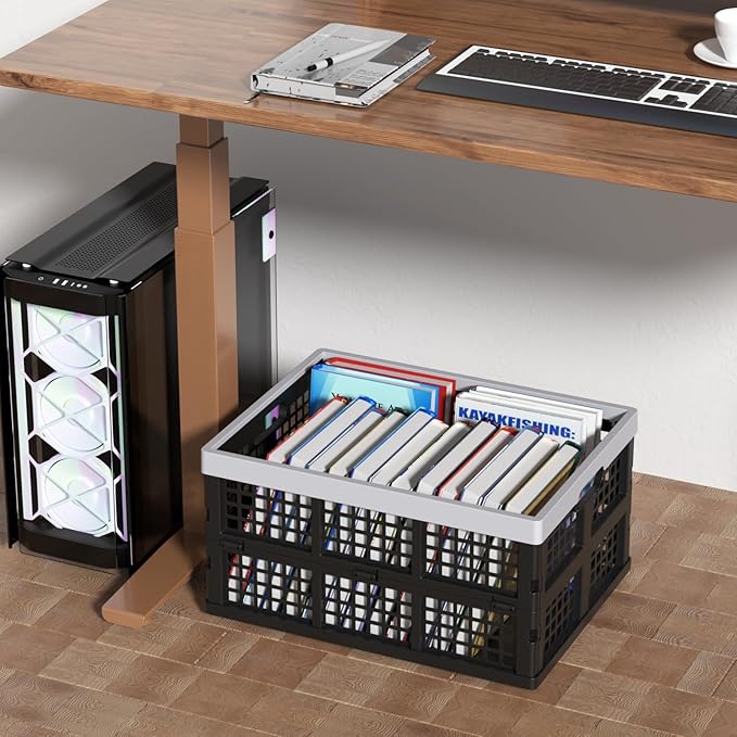 30L Large Plastic Folding Storage Crates, Collapsible Crates for Storage, Pack of 3 (Black)
