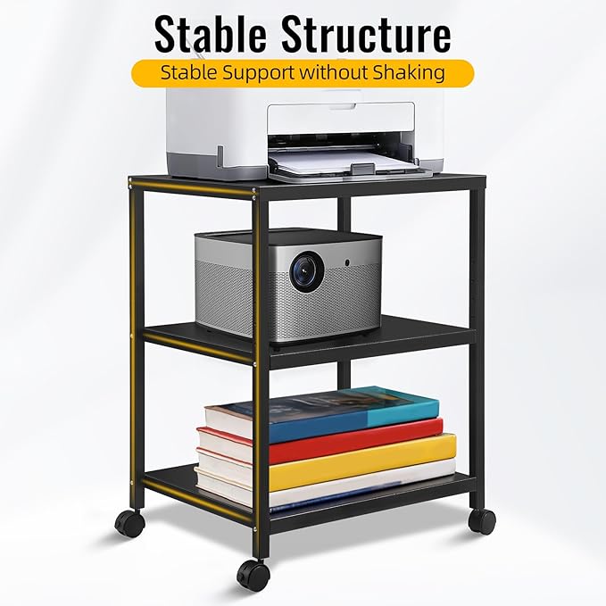 Under Desk Printer Stand with Wheels, 3-Tier Heavy Duty Rolling Cart with Adjustable Storage Shelf, Industrial Printer Table for Printer, Scanner, Home, Office, Black