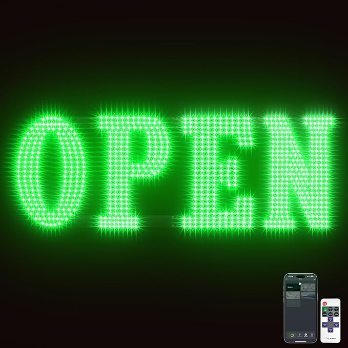 Open Sign for Business, 40"x14" Jumbo Open Sign with Timer and Remote Control, Dynamic Light Modes Led Signs for Storefront Window Bar Salon Cafes Retail Shops Green