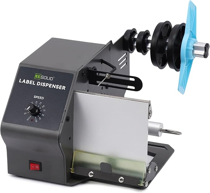 U.S. Solid Automatic Label Dispenser for Long Rolls and Fanfold Labels - Transparent and Opaque - Adjustable Speed - Core Sizes 1", 1.5", 3" - Width 0.2-4.7 in - Max. Roll 11 in