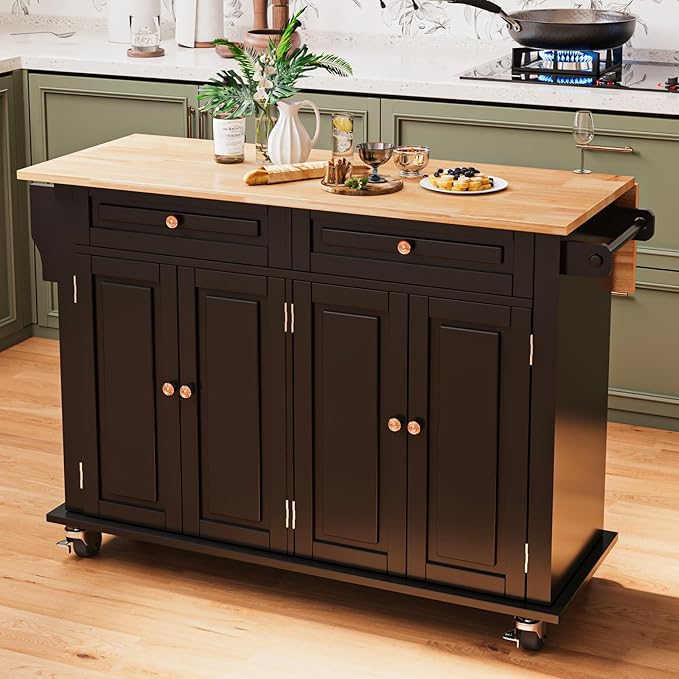 51.2'' Rolling Kitchen Island Cart with Drop Leaf Countertop, Kitchen Carts on Wheels with Storage, 2 Drawers, Towel Rack Island for Dining Room, Black