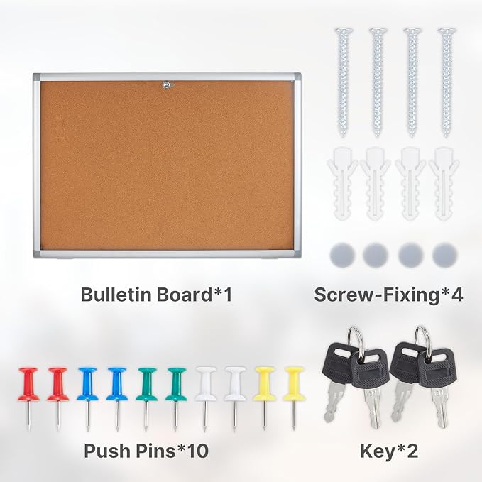 Enclosed Cork Bulletin Board Tamper-Proof Dispaly Case, Aluminium Frame, All-Weather Cork Noticeboard, Outdoor Enclosed Cork Board for School, Office, Restaurant, Hospital (36 X 24 Inches)