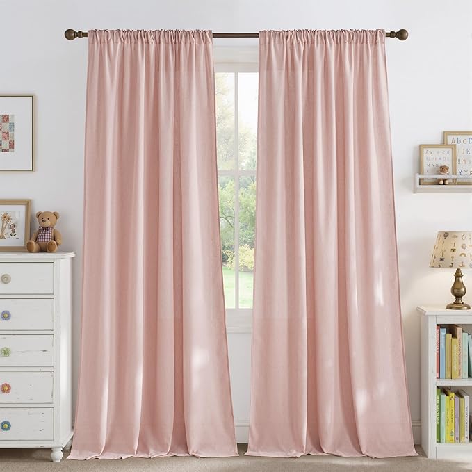 NICETOWN Thick Linen Blend Light Pink Sheer Curtains for Girls Room, Pleat Tape Semi Sheer Privacy Added with Light Filtering Window Treatments for Bedroom/Living Room, W52 x L95, 2 Panels