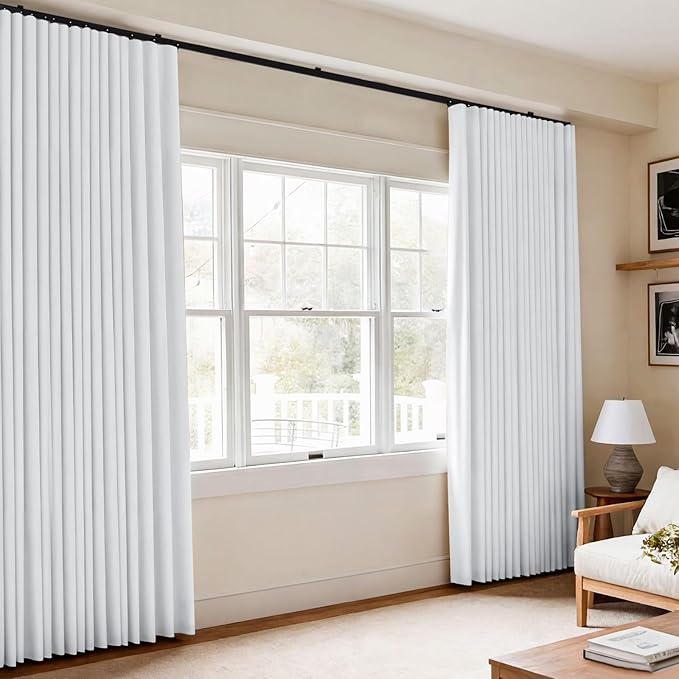 Room Divider Blackout Curtains Flexible Sliding Tracks Sets Ceiling Mounted Rod Window Curtain Privacy Separation for Bedroom Living Rooms,1 Panel Gray White Drape and Black Track Set-W144xH108 in