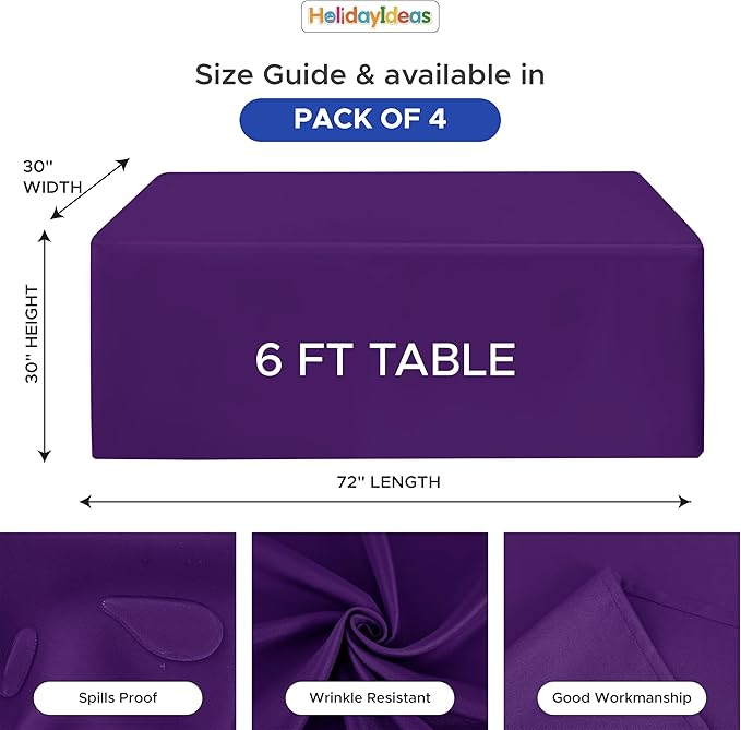 HolidayIdeas Fitted Tablecloths for 6 Foot Rectangle Table, Wrinkle Resistant Washable Table Cover 30x72 Inch for Vendor Booth Display, Banquet, Trade Show, Purple, 4 Pcs