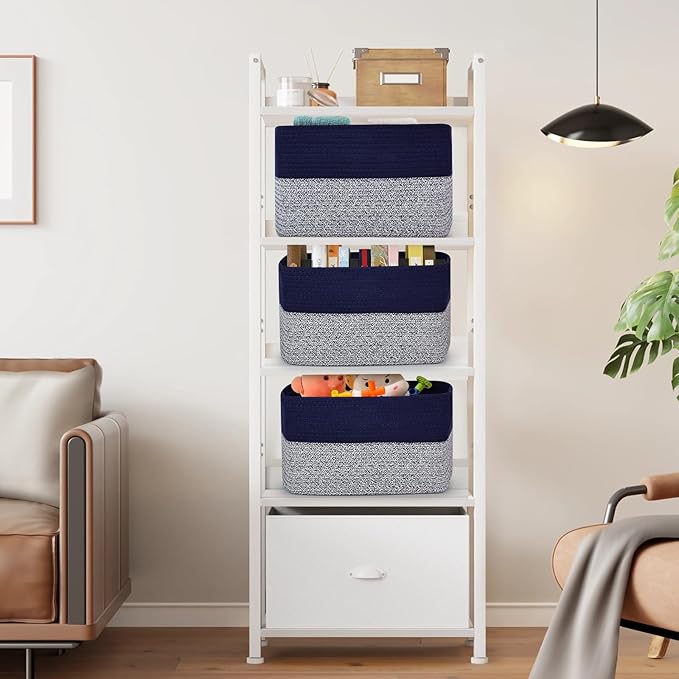 3 Pack Shelf Woven Storage Basket, 15 x 10 x 9” Closet Rope Baskets For Organizing, Square Bins with Handles, Grey+Blue