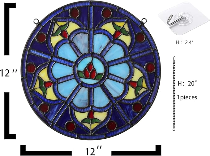 Stained Glass Window Hanging Tiffany Plant Style Blue Flower Suncatcher 12" Roud Wall Decor Art Panel Include 20" Chain and Hooks Perfect Christma Housewarming Gift