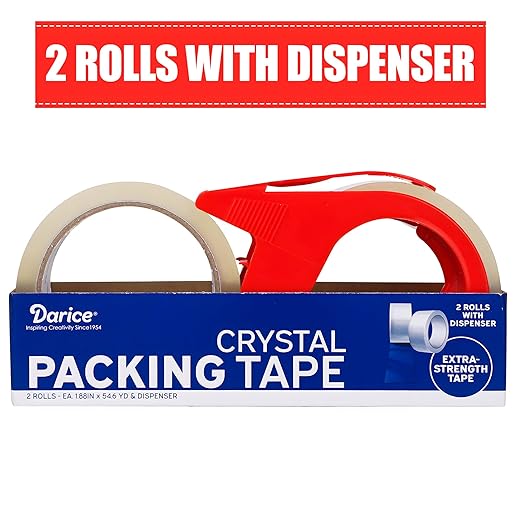 Darice Packing Tape with Dispenser, Heavy-Duty 2 Pack Packaging Tape 1.8” x 55 Yds Clear Tape for Moving, Shipping, and Box Sealing, 3-inch Core