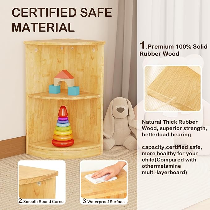 wingyz Rubber Wood Corner Cabinet, 2-Tier Montessori Shelf, 2 Shelf Bookcase Toy Storage Organizer, Montessori Bookshelf for Kids Rooms, Classroom, Playroom, Nursery, Daycare, Child-Safe