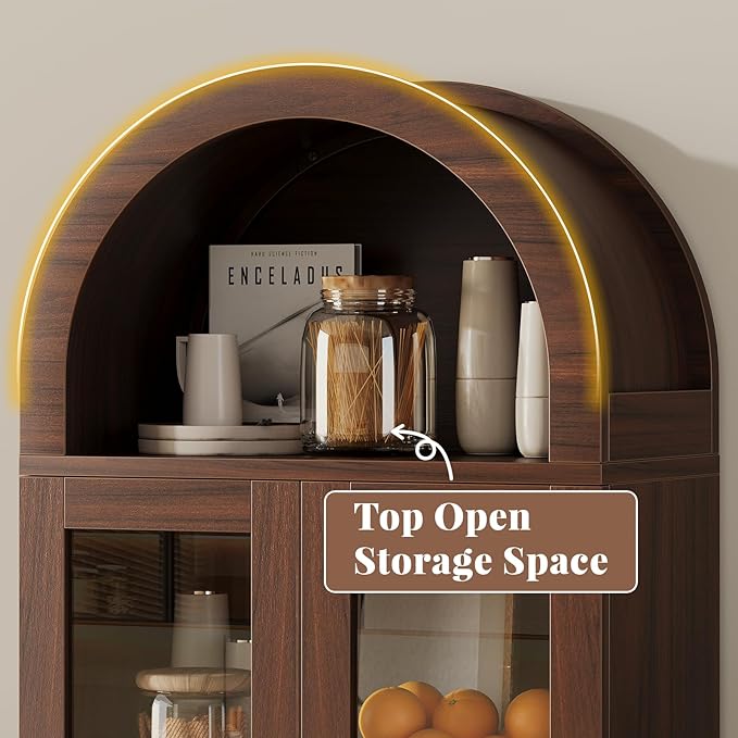 71” Tall Arched Pantry Cabinet with Glass Door, Display Cabinet Organizer, Versatile Pantry with Top-Opening Storage Container for Living, Kitchen Dining Room, Brown
