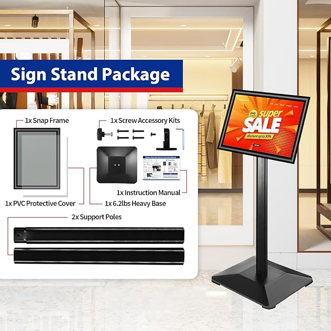 Pedestal Sign holder Stand 8.5x11inch Adjustable Standing Floor Sign Stand with Heavy Base & Snap Frame Display Stand for Indoor Outdoor Business Store Sign Holder Poster Stand (Black)