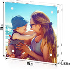 HELPLEX 2 Pack 6x6 Acrylic Picture Frames, 24mm Thicker Square Frameless Clear Frame Double Sided Magnetic Frame, Free Standing Desktop Display Stand