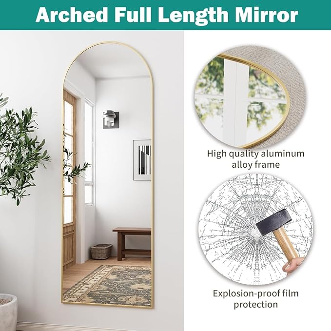 TinyTimes Arched Full Length Mirror, 58"x18" Floor Mirror with Stand, Large Full Body Mirrors, Arch Wall Mirror, Big Full Size Mirrors for Bedroom, Aluminum Frame, Gold