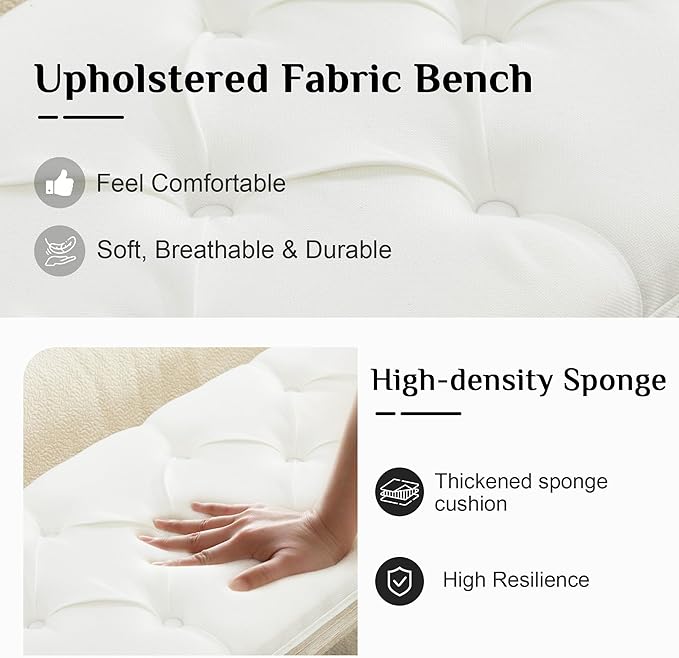 LOULENS 57.7" Linen Fabric End of Bed Bench King Size, French Upholstered Tufted Bench with Carved Wood Legs for Bedroom, Window Seat, Living Room, Entryway, White