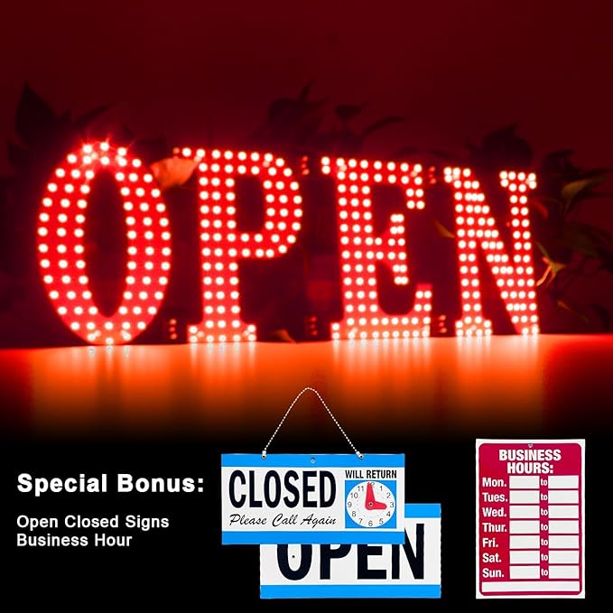 41" x15" Large LED Open Signs for Business Super Bright Unique Design Red Open Sign with Hanging Installation for Window Stores Bar Hotel Retail Shops Salon Restaurant Office