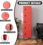 Aobabo 16" W 5 Door Metal Storage Locker with Lock, 66" H Steel Locker with Name Card Holder and Metal Leg for School, Home, Office, Playroom, Assembly Required, Red