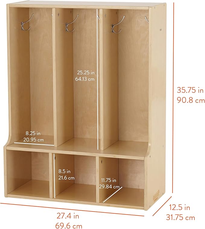 Sleekline 3-Section Toddler-Sized Coat Locker with Bench, Kids Furniture, Natural