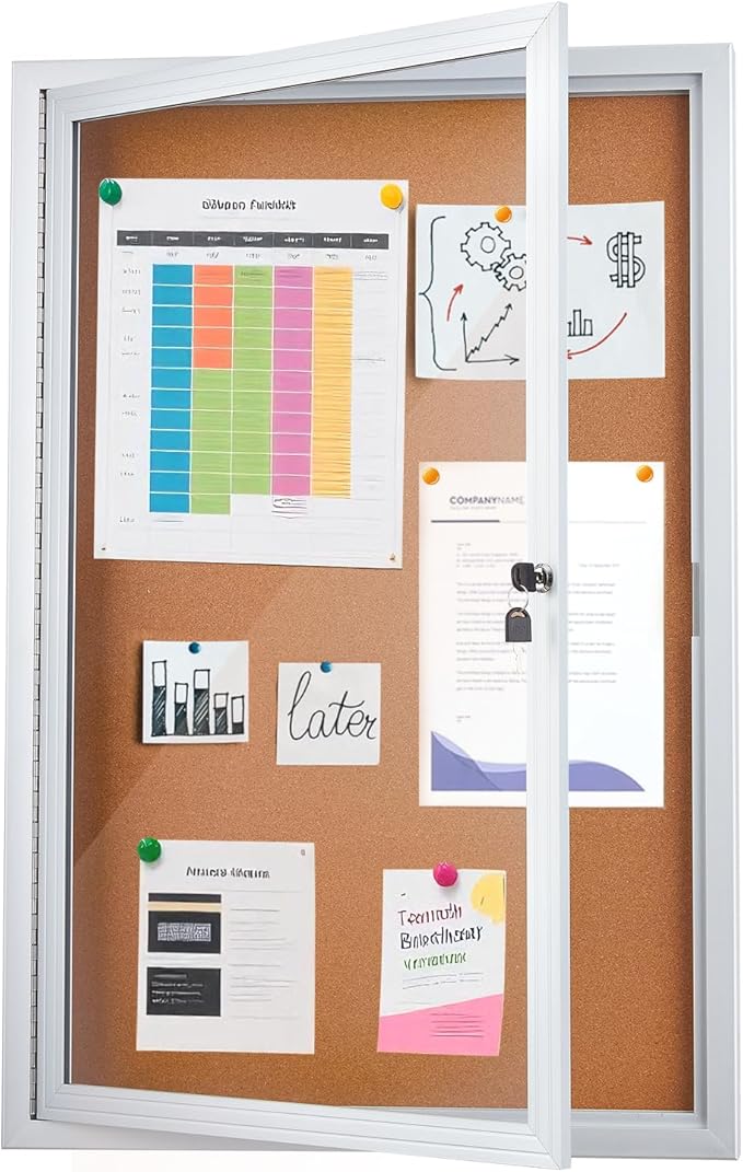 Enclosed Cork Bulletin Board 36"x24" Outdoor Weatherproof Cork Noticeboard with Locking Door Wall-Mounted Silver Aluminium Frame for Home, School, Office, Community, Hospital