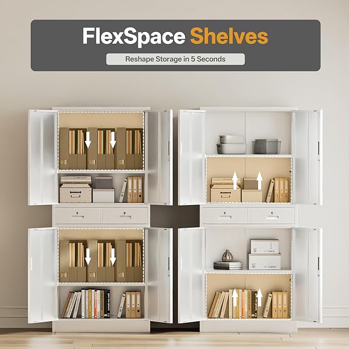 Metal Storage Cabinet with 2 Drawers 71" H,White Metal Garage Cabinets with 2 Lockable Doors and Adjustable Shelves Easy to Assemble for Home Office, Kitchen,Pantry,Garage,Warehouse
