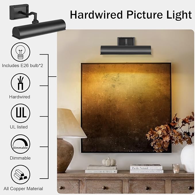 Picture Light 12" Black Picture Lights for Wall 2-Light Bronze Picture Frame Light Dimmable Art Gallery Light Accent Lighting Bathroom Wall Sconce for Artwork Poster Portrait Display