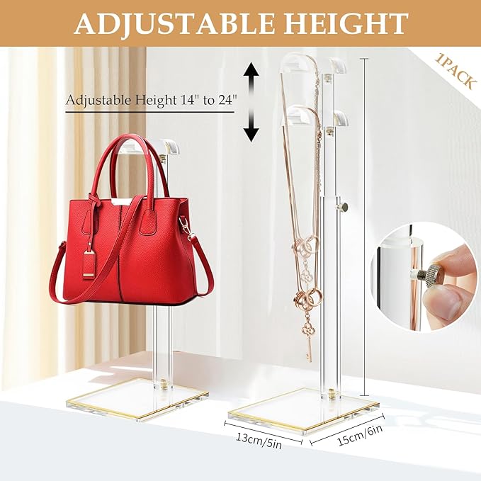 Acrylic Purse Display Stands, 14"-24" Adjustable Height Handbag Holder, Clear Purse Rack Stands for Closet Retail, Durable Gold Trim Hanging Bag Wallet Jewelry Necklace Organizer Stand(PATENT PENDING)